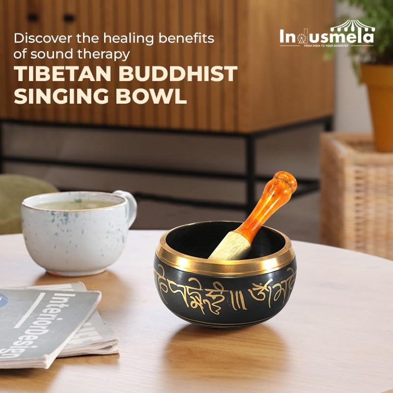 eSplanade - 6 inches - Singing Bowl Tibetan Buddhist Prayer Instrument With Striker Stick | OM Bell | OM Bowl | Meditation Bowl | Music Therapy (black) - Image 3